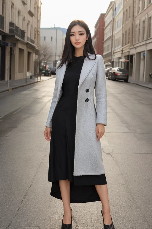 4k, 8k, ultra highres, raw photo in hdr, sharp focus, intricate texture, skin imperfections, realistic, detailed facial features, highly detailed face, posing,perfect lighting,black hair,standing,long dress,coat, full body, black shoes, <lora:Vyxia1:0.7> Vyxia1, outside