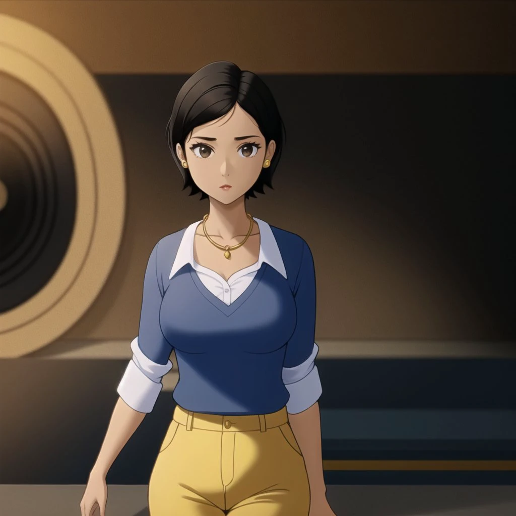 <lora:Manya-40:0.5>
masterpiece, solo, 1girl, female, human,
manya, tan skin, black eyes, black hair, short hair, earrings, necklace,
blue shirt, yellow pants,