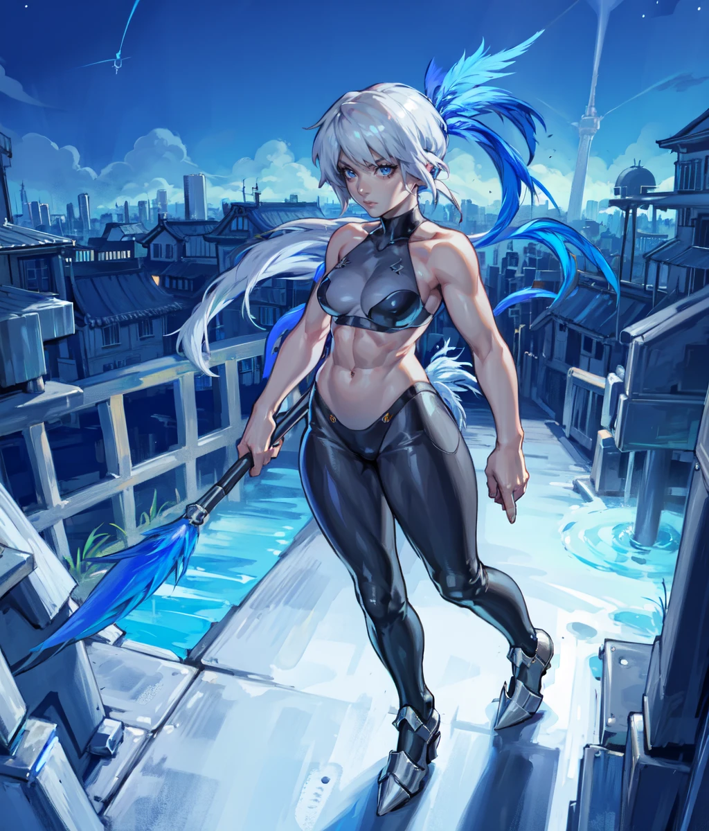 masterpiece, high res, detailed face, detailed eyes, anime screencap, 1 girl, solo, slender, thin, serious, white hair, blue feathers, abs, tigh clothes,  bare shoulders, whristbands, blue energy stythe, full body, medieval city, night <lora:Piastol SoA:1>