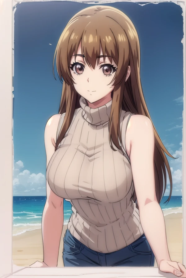 (huge tits),  (sexy panties, bra), best quality, (masterpiece:1.2), highly detailed, street, 1girl, kotegawa nanaka, looking at viewer, slight smile, open mouth, brown eyes, brown hair, long hair, bikini, cleavage, busty