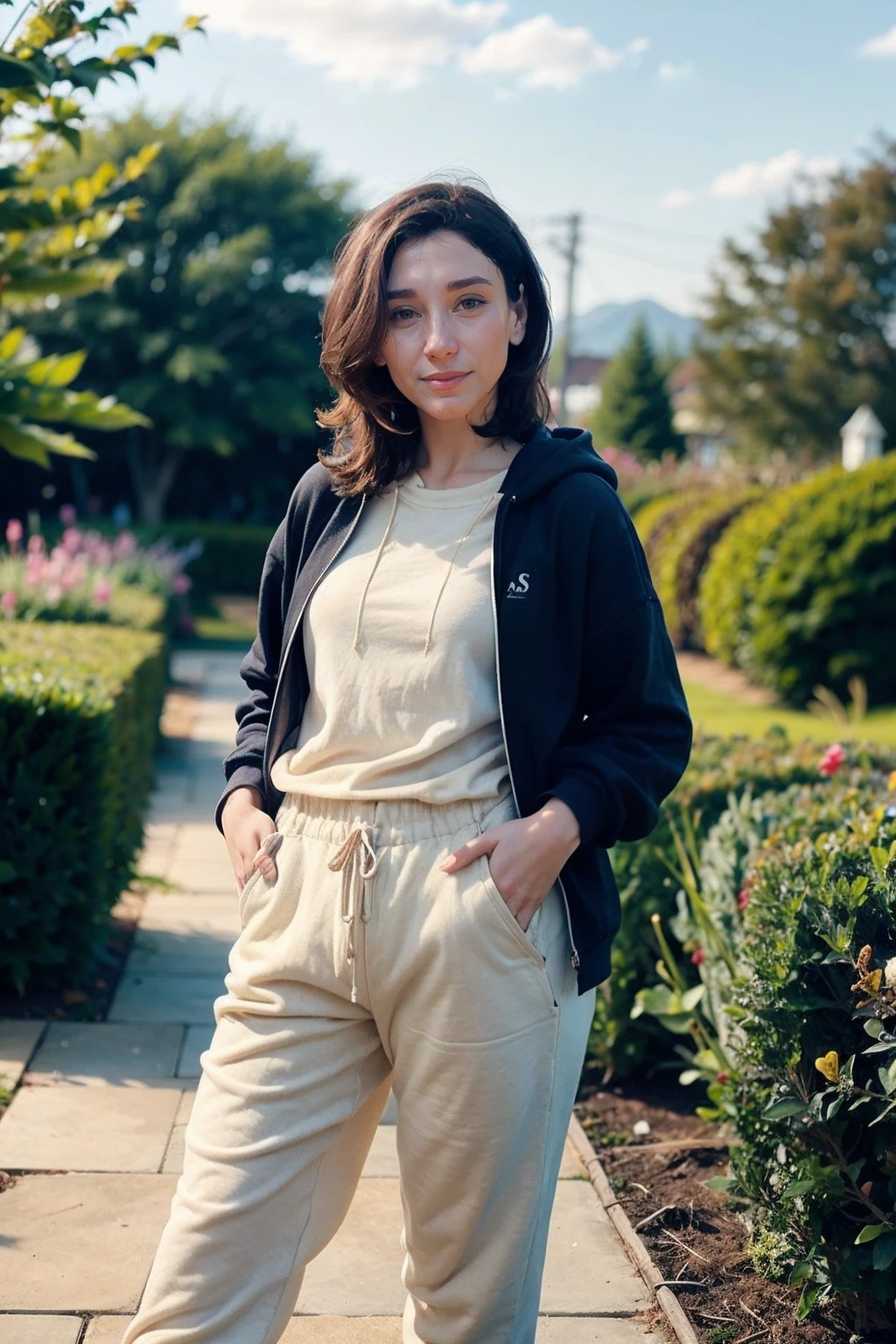 sibelkekilli,a woman wearing hoodie and sweatpants, garden, (golden hour:0.5) <lora:sibelkekilli:1>