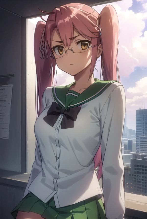 sayatakagi, <lora:saya takagi s1-lora-nochekaiser:1>,
saya takagi, long hair, ribbon, twintails, (brown eyes:1.3), hair ribbon, pink hair, glasses,
BREAK skirt, thighhighs, school uniform, serafuku, zettai ryouiki, green skirt, bowtie, long sleeves, black thighhighs, black bowtie,
BREAK outdoors, city, zombies, sun, sky, clouds, cars,
BREAK looking at viewer, (cowboy shot:1.5),
BREAK <lyco:GoodHands-beta2:1>, (masterpiece:1.2), best quality, high resolution, unity 8k wallpaper, (illustration:0.8), (beautiful detailed eyes:1.6), extremely detailed face, perfect lighting, extremely detailed CG, (perfect hands, perfect anatomy),