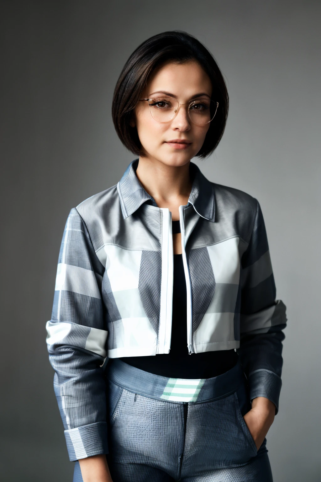 italiaricci, (head to toe, full body, a woman standing with her hands on her thighs:1.2), (wearing a   light  purple painted  double cloth weave cotton  ((pastel  grey  (pastel   solid  bedford cord weave denim single breasted trench jacket)) and ( grey  (fishnet laced ( double cloth weave plaid full length leggings)))):1.1), etiquette, looking at the viewer and subtle smile, simple background, (straight black hair:1.1), background blur, high quality, lens glare, natural lighting, studio lighting, best quality, film grain,
epiCRealism, <lora:lip_slider_v21:-1> <lora:italiaricci-768:1.25> <lora:epi_noiseoffset2:0.25>