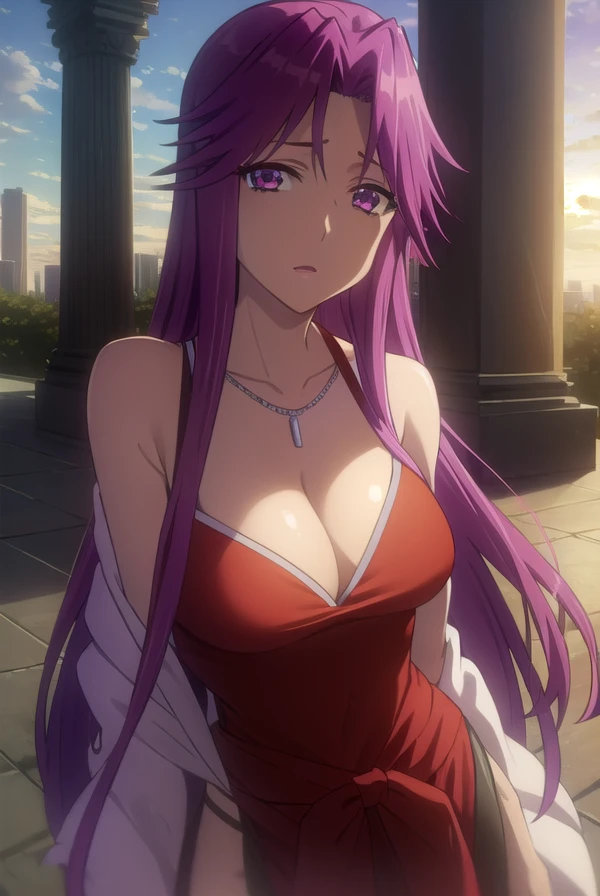 yurikotakagi, <lora:yuriko takagi s1-lora-nochekaiser:1>,
yuriko takagi, long hair, (purple eyes:1.1), purple hair, (parted bangs:1.5),
BREAK dress, cleavage, jewelry, necklace, high heels, red dress, red footwear, shawl,
BREAK outdoors, city, zombies, sun, sky, clouds, cars,
BREAK looking at viewer, (cowboy shot:1.5),
BREAK <lyco:GoodHands-beta2:1>, (masterpiece:1.2), best quality, high resolution, unity 8k wallpaper, (illustration:0.8), (beautiful detailed eyes:1.6), extremely detailed face, perfect lighting, extremely detailed CG, (perfect hands, perfect anatomy),