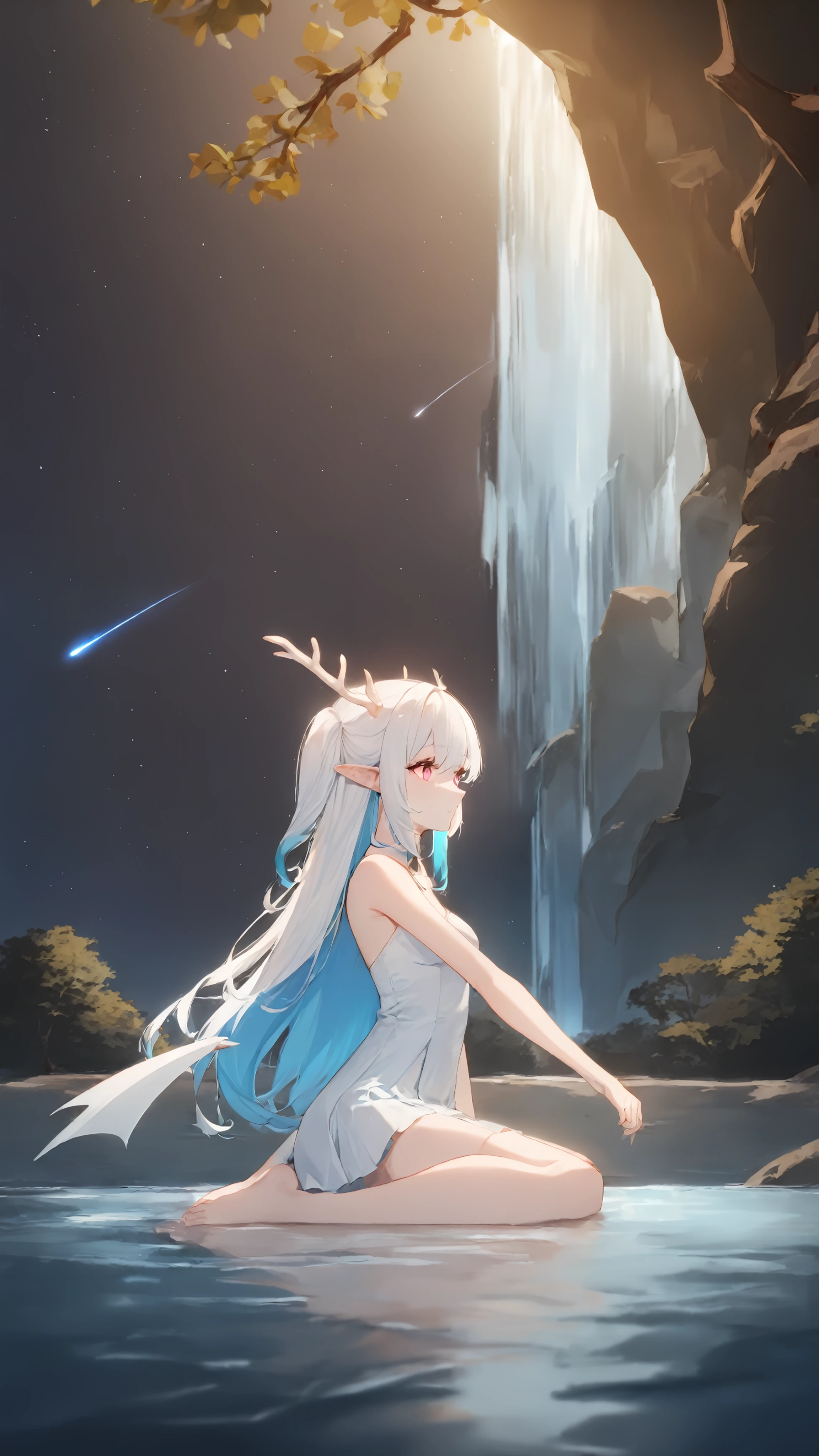 1girl,
masterpiece, best quality, recent, newest, absurdres, sensitive,
horns, solo, long hair, wings, night, sitting, sky, starry sky, tail, side up, antlers, pink eyes, barefoot, outdoors, wariza, night sky, water, dragon tail, white hair, dragon horns, dragon girl, very long hair, bare shoulders, closed mouth, pointy ears, bangs, shooting star, bare legs, bare arms, river, lake, sakura trees, waterfall, white dress, multicolored hair, blue hair