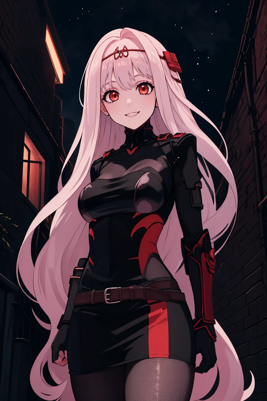 masterpiece, best quality, 1girl, solo, <lora:rose-nikke-richy-v1:1> nikkerose, circlet, hair ornament, red eyes, short dress, belt, bodystocking, gauntlets, very long hair, smile, looking at viewer, outdoors, alleyway, dark, darkness, night sky, night, brick wall, chiaroscuro, dark background