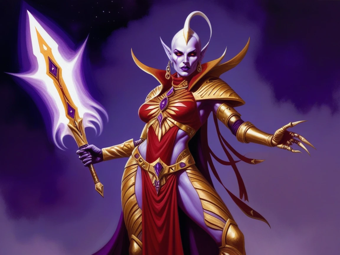 A painting of a female Aeldari Warlock with pale skin from the Warhammer 40k universe. She is wearing red and gold (Skimpy) armor and has a psychic sword. She is standing in a confident pose, surrounded by a purple glow. By Mark Gibbons.
tabletop RPG artbook, hires scan, concept art, grimdark, intricately detailed.
 <lora:Oldhammer:1>