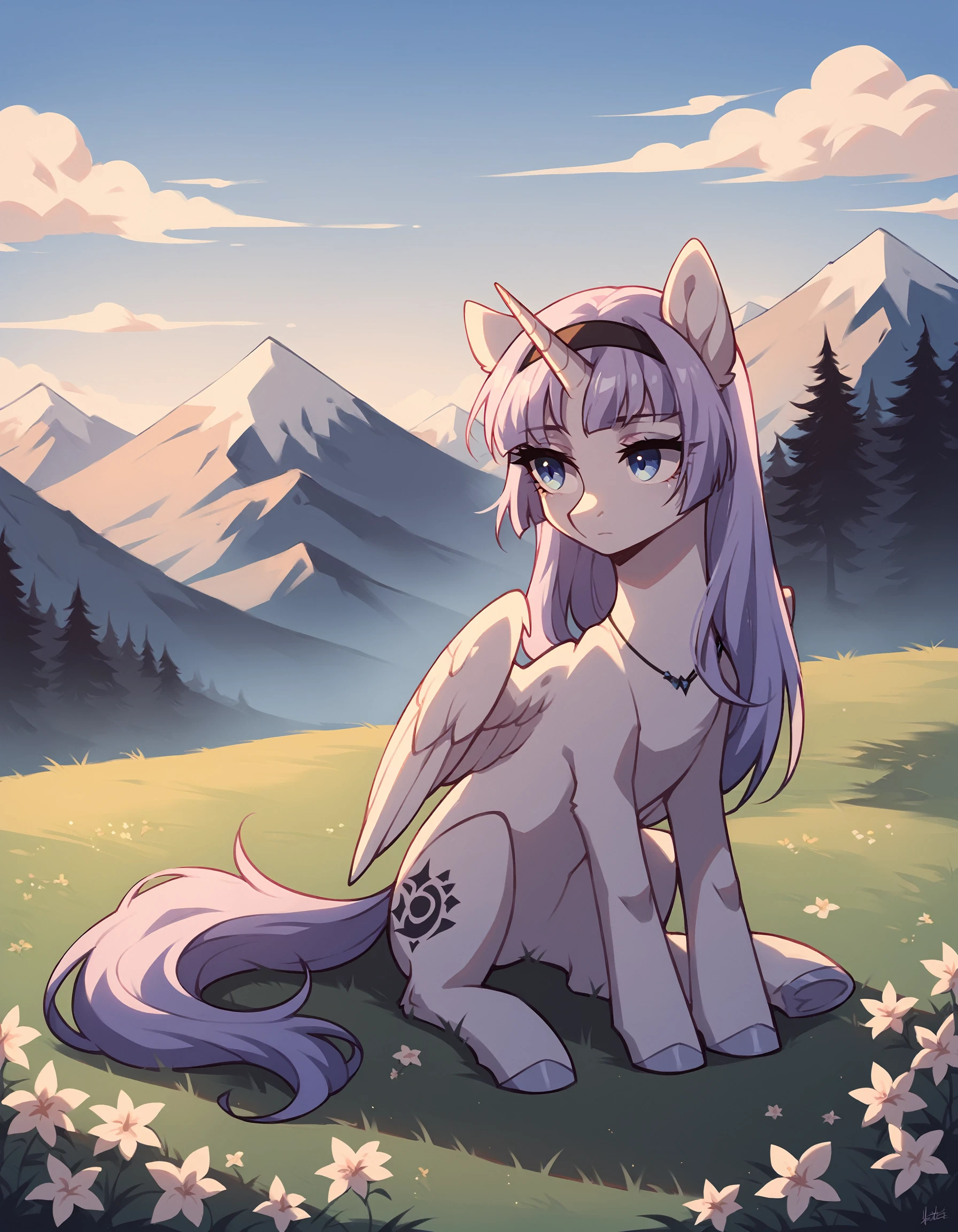 score_9, score_8_up, score_7_up, score_6_up, score_5_up, score_4_up, feral pony, alicorn, (blank flank:1.1), (melfina:1), long hair, light purple hair, blue eyes, black hairband, expressionless BREAK outdoors, mountain, day, sky, flower, mountainous horizon, blue sky, grass <lora:Smooth Anime Style LoRA XL:1> <lora:melfina-ponyxl-1-000008:0.6>