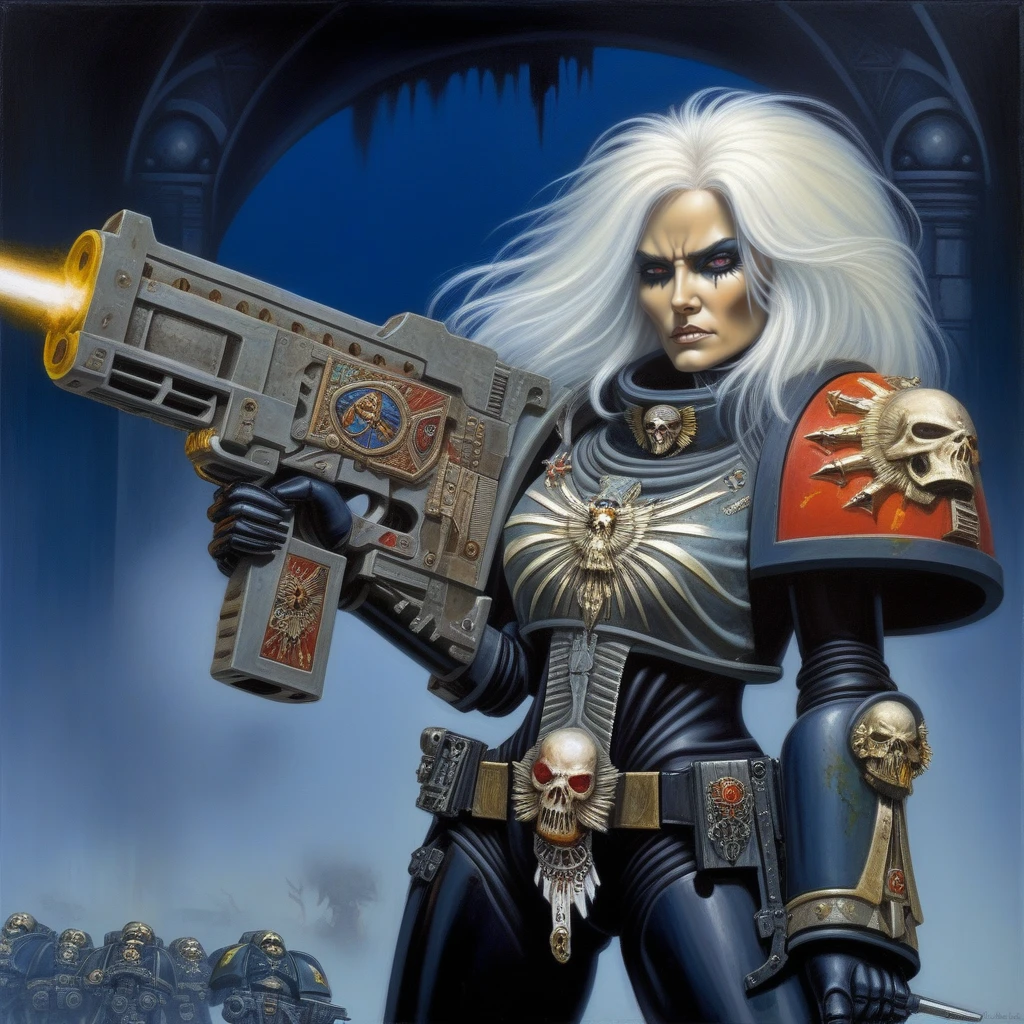 painting from warhammer 40k, Sister of battle, white hair, holding a bolter in her right hand, epic, grimdark, [gothic], bold colors, oil on canvas, by John Blanche
 <lora:Oldhammer:1>