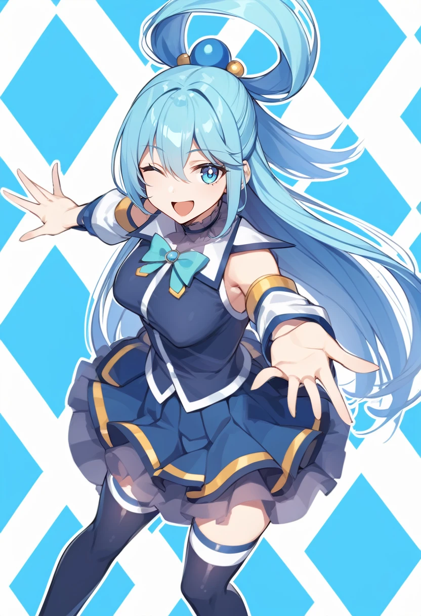 masterpiece, best quality, 1girl, aqua_konosuba, long hair, light blue hair, blue eyes, smile, no panties, medium breast