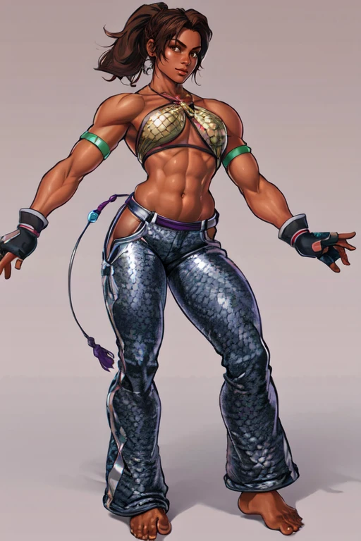 masterpiece,best quality,extreme detail,8k,<lora:monteiro:0.8>,monteiro2, 1girl, solo, long hair, breasts, brown hair, gloves, navel, brown eyes, medium breasts, ponytail, barefoot, midriff, pants, dark skin, fingerless gloves, feet, dark-skinned female, muscular, toes, underboob, halterneck, abs, checkered background, baggy pants
