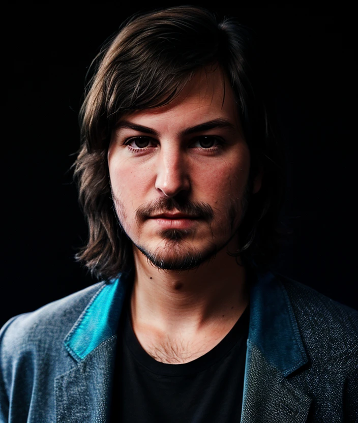 <s4t3vj00>, a beautiful man, perfect hair, (Shirt and jacket), closeup portrait, ((plain Cetacean black background gradient:1.2)), 24mm, (analog, cinematic, film grain:1.3), detailed eyes, (seductive pose), (epicPhoto), (looking at viewer), (cinematic shot:1.3)