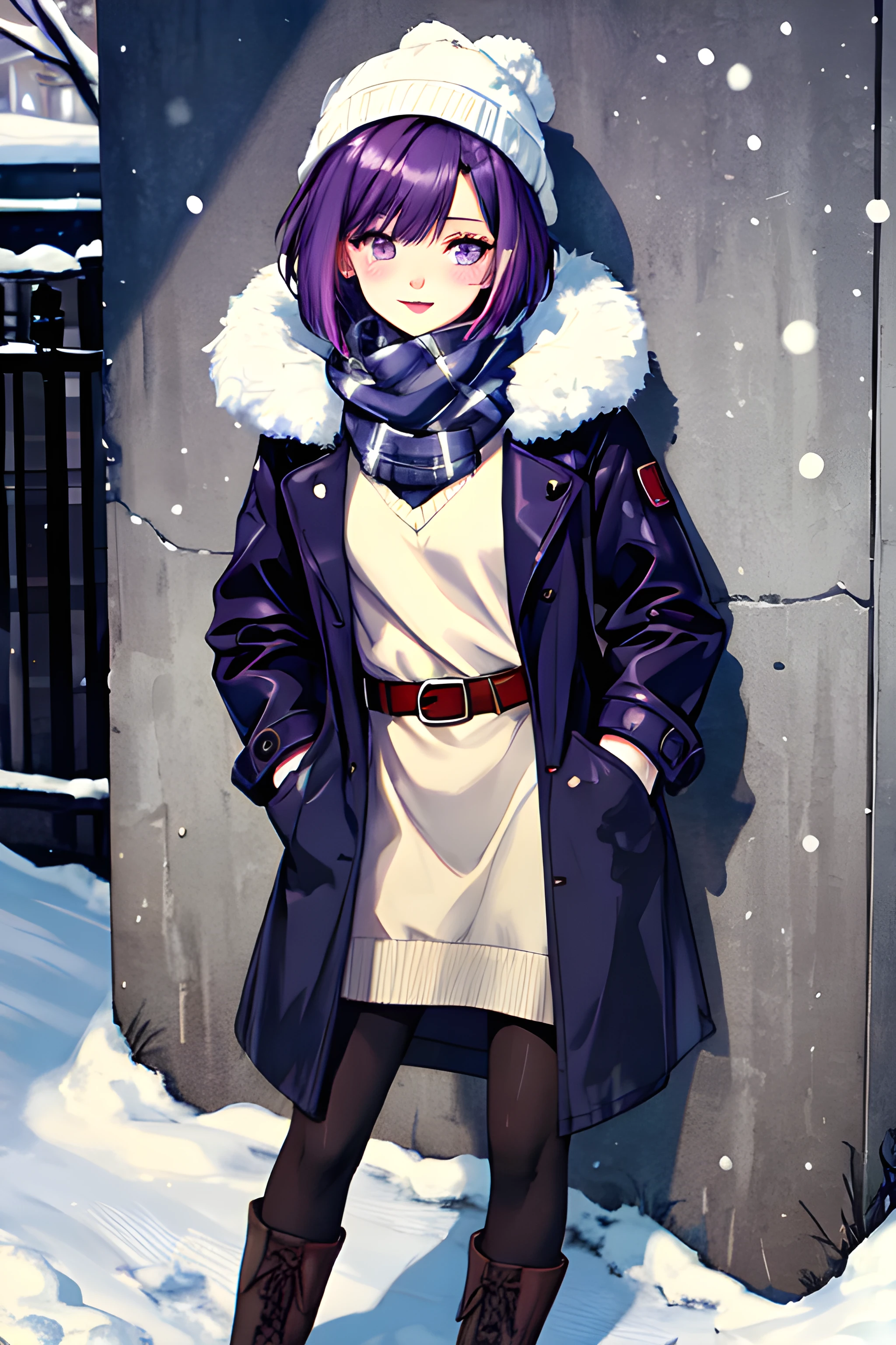 (masterpiece, best quality), 1girl, solo, purple hair, short hair, inverted bob, purple eyes, small breasts, narrow waist, long eyelashes, outdoors, street, winter, sweater dress, pantyhose, ankle boots, turtleneck, leather belt, open clothes, open coat, scarf, woollen cap, leaning, leaning back, against wall, standing, breath, light blush, parted lips, light smile, hands in pockets, cowboy shot, snow, cold, looking at viewer
