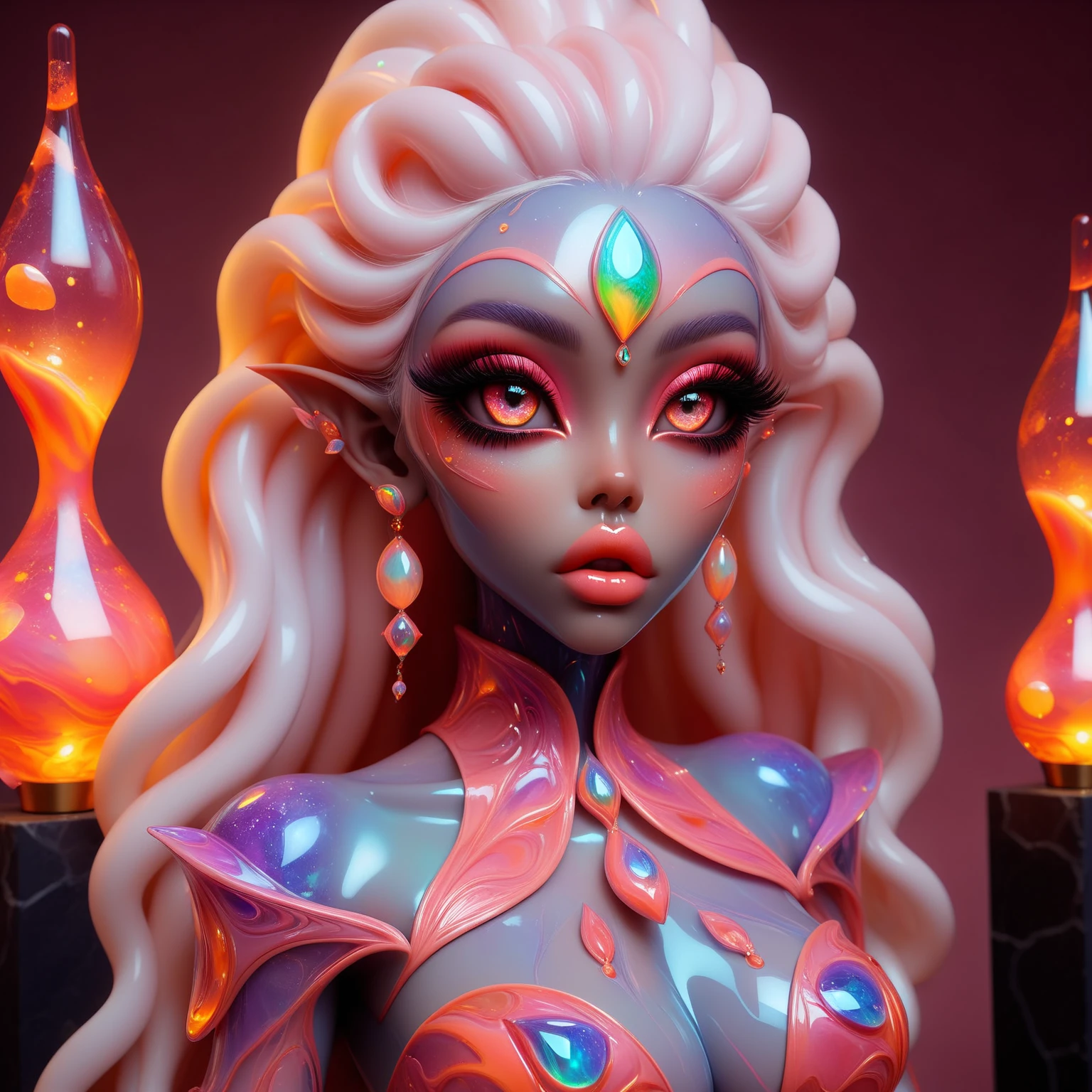 <lora:CrystalStoneD:0.8>full body shot of a beautiful elf girl with big detailed eyes and huge lips , marble stone skin , gem , colored skin , beautiful alien elf girl with big detailed eyes and huge lips , photoshoot editorial of cosmic style, where alien-esque models meld with flowing lava lamps and dynamic plasma, crafting an entrancing visual symphony. Merge 90s nostalgia, surreal makeup art, and glossy textures into a neon-soaked masterpiece that defies reality ,8k, extreme detailed , colorful , highest detailed