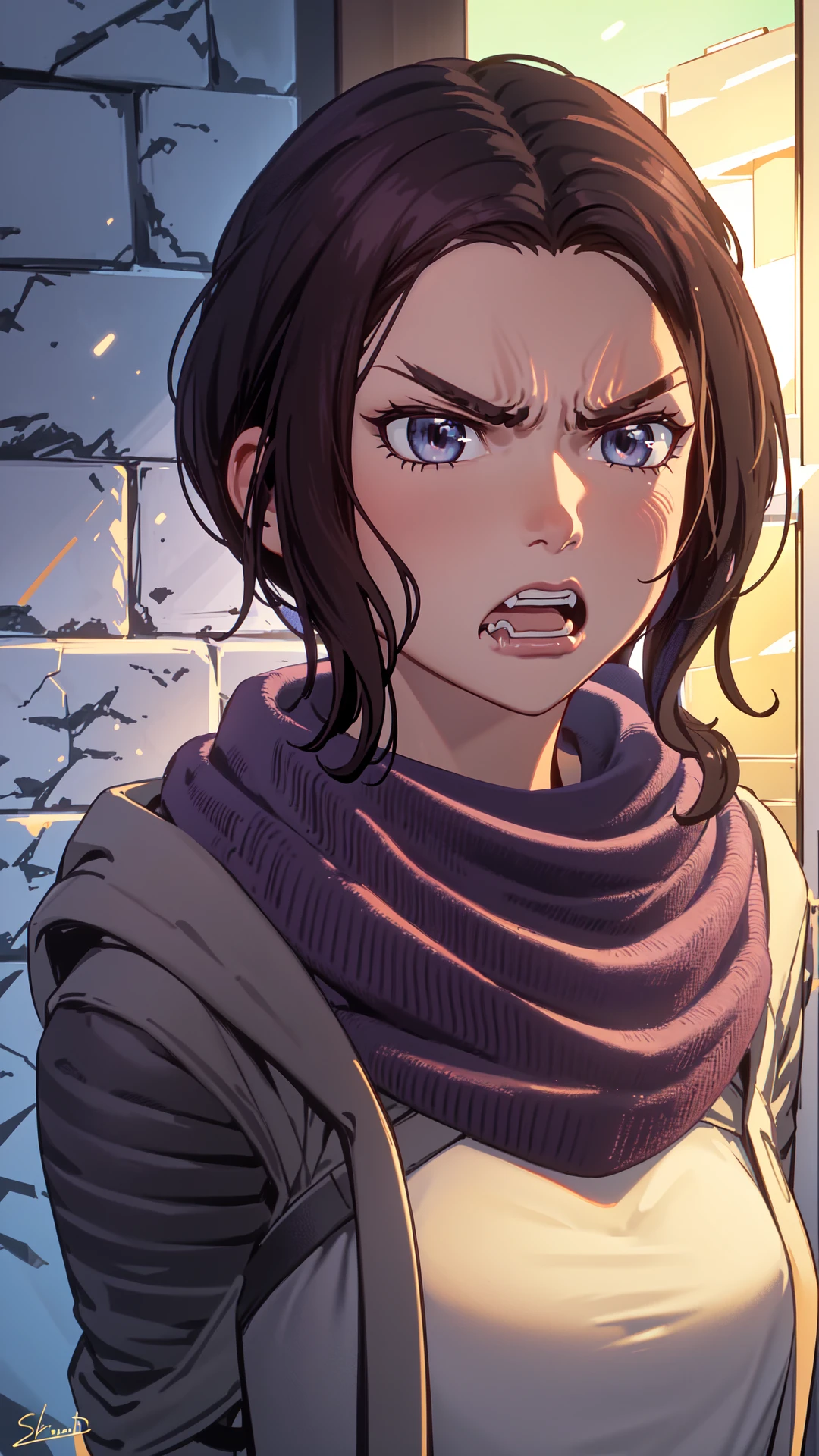 zoecas, centered close up, (((angry expression))), 1woman, black short hair, (((hazel eyes))), gray coat, purple scarf, <lora:zoecas:0.7>, 8k, 16k, trending on pixiv, fanbox, skeb, masterpiece, detailed face, digital painting,