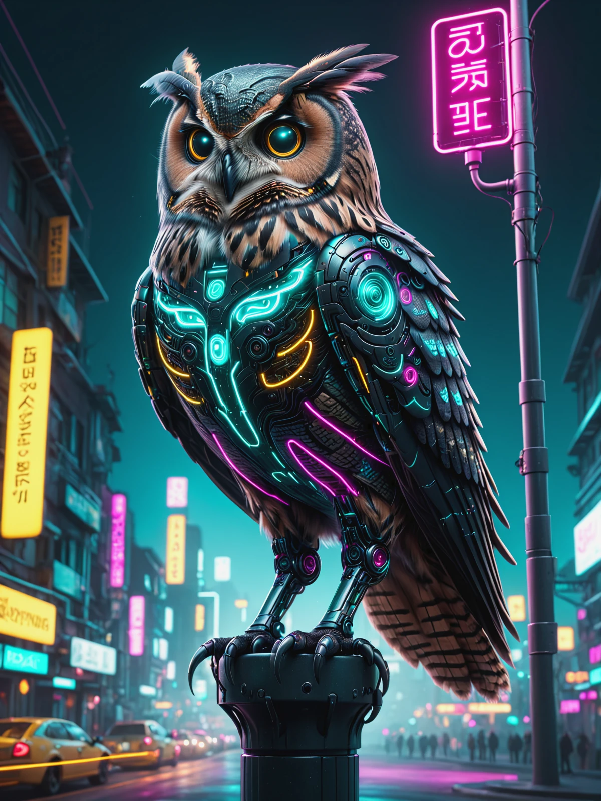 cyberanimals black owl on lamp post, dynamic pose, cyberpunk, city, neon lights, night, teal, magenta, yellow <lora:Neon_Cyberpunk_SDXL_Cyberanimals:0.8>, (masterpiece:1.2), best quality, (hyperdetailed, highest detailed:1.2), high resolution textures