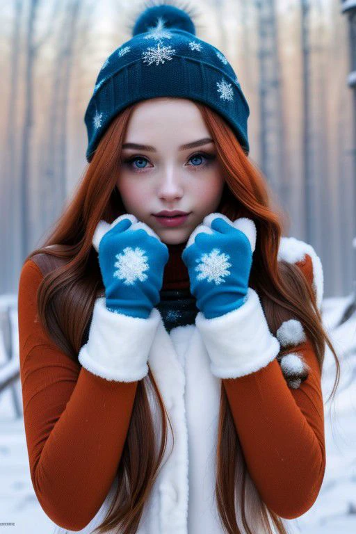 (RANDOM FASHION POSES):1.2,1girl, young and gorgeous,(red long hair):1.25, perfect body, looking at viewer,  soft face, winter season,( GLOVES):1.2 ,(winter clothes in colors  red, blue, and copper):1,2,CANDID  PORTRAIT PHOTOS,