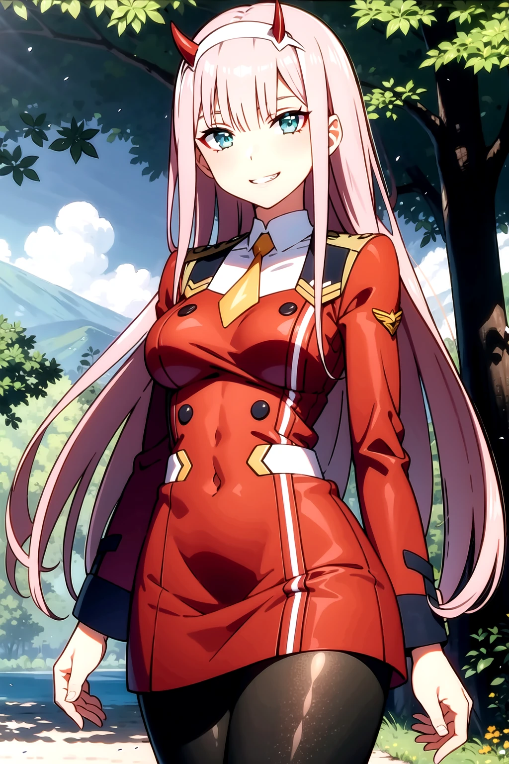 <lora:ZeroTwo-09:0.7>, ZeroTwo, 1girl, solo, long hair, looking at viewer, smile, long sleeves, dress, medium breasts, very long hair, green eyes, standing, pink hair, pantyhose, hairband, parted lips, necktie, horns, grin, uniform, aqua eyes, black pantyhose, military, military uniform, red dress, straight hair, white hairband, short necktie, orange necktie, outdoors, forest, blue sky, upper body