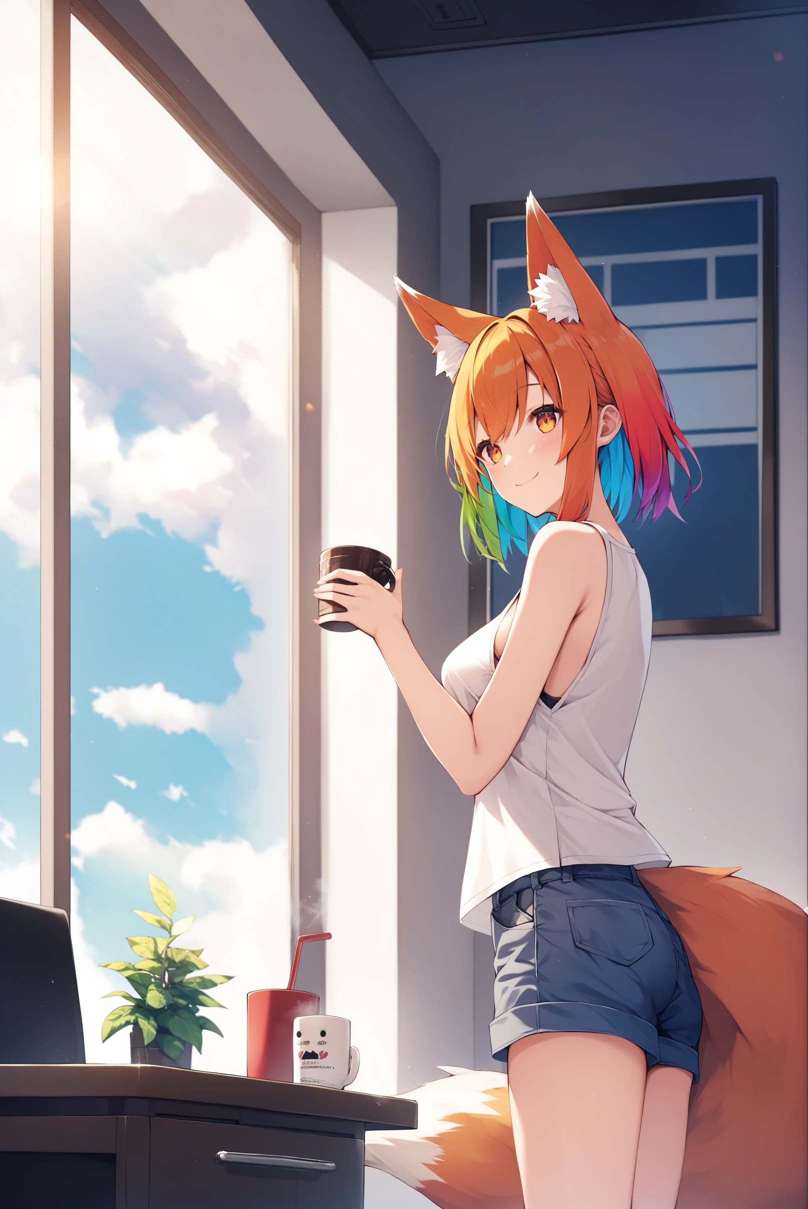 score_9, score_8_up, score_7_up, score_6_up, best quality, masterpiece, uncensored, source_anime,
by nagishiro mito,
cute girl with rainbow strand of hair smiling at camera and holding a cup of tea, cowboy shot,
1girl, fox girl, fox ears, fluffy fox tail, animal ear fluff, rainbow hair, :3, multicolour hair, wearing sleeveless t-shirt and shorts, sideboob,
indoors, office, panoramic window, dark clouds, god rays,
sharp,