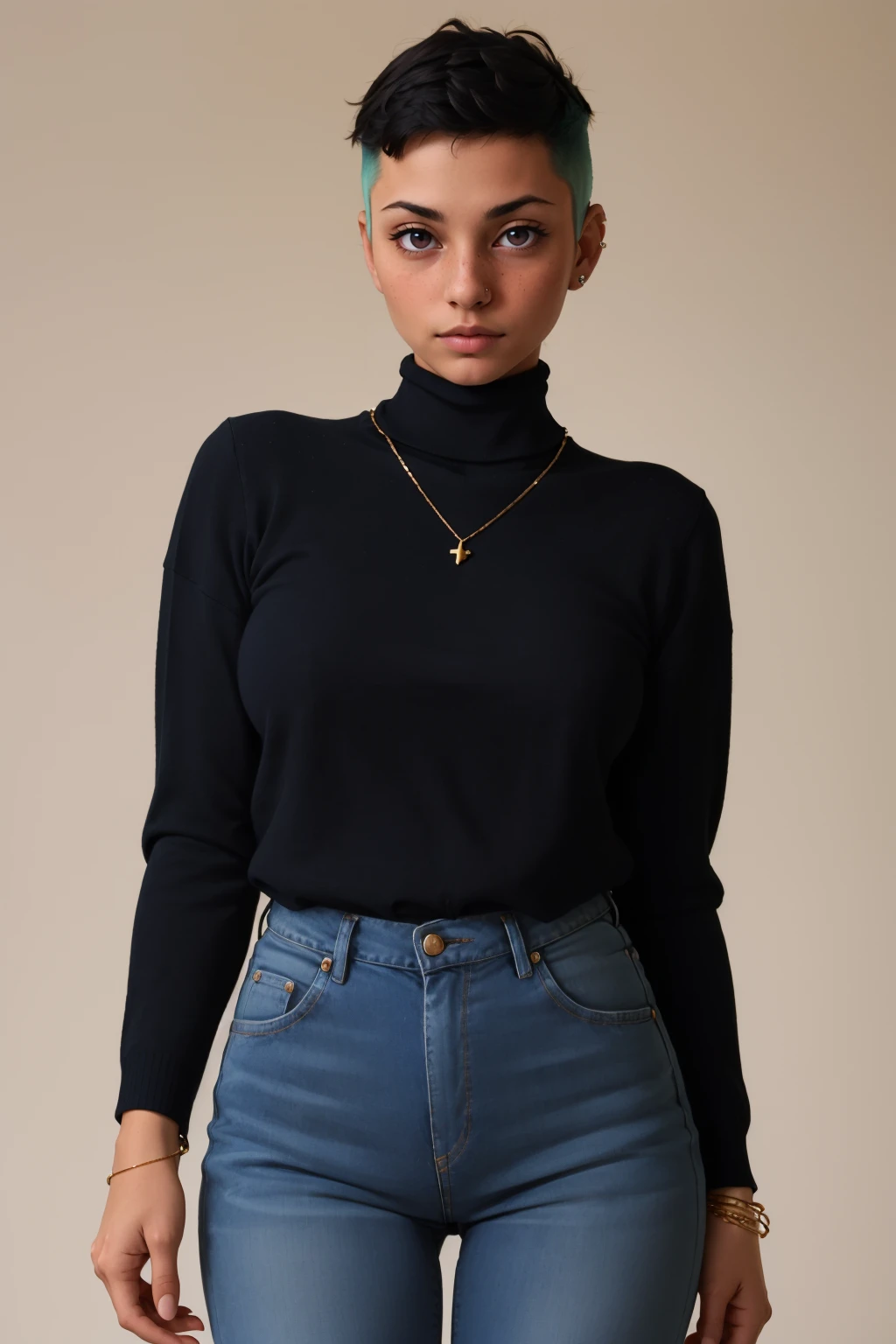 masterpiece, best quality, 1girl, solo, looking at viewer, breasts, <lora:rileyfairfeather-guy-v2:.95>, rileyfairfeather, piercing, undercut, freckles, black sweater, turtleneck, gold chain, jeans, shirt tucked in, bracelet, simple background, white background,