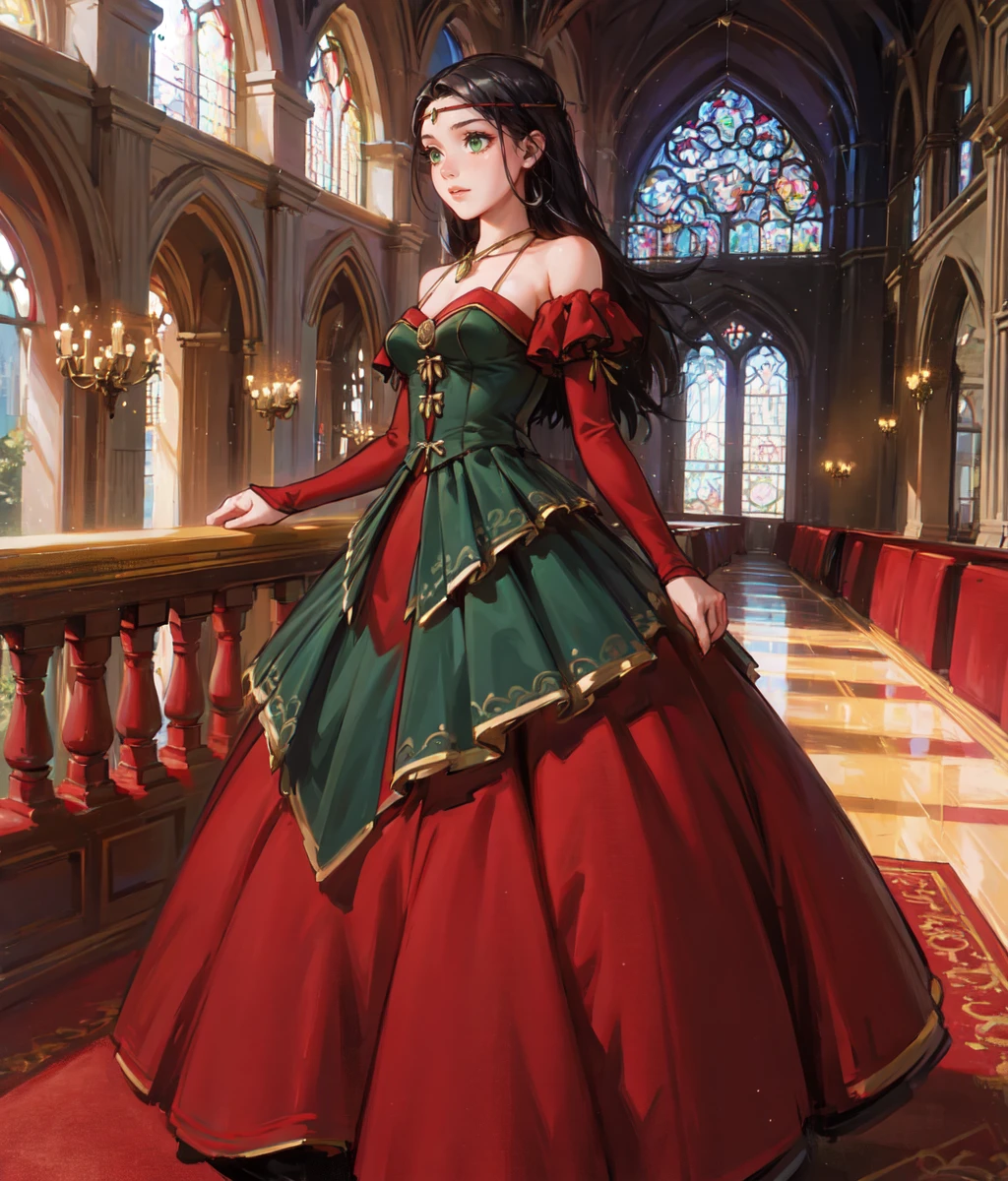 masterpiece, high res, detailed face, detailed eyes, 1 girl, solo,  seen from afar, indoors, ballroom, ball, dancers, nobles, red green dress, black hair, green eyes, circlet, standing, sad, full body, <lora:Jillia:1>