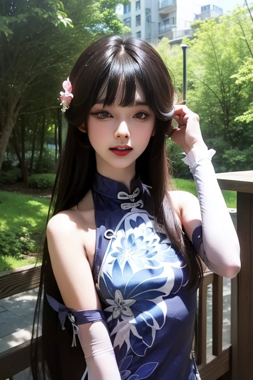 ltra-detailed,highly detailed,best quality,masterpiece,illustration,realistic,photorealistic,
1girl, solo, small breasts,
yinziping, lantingyue, chinese clothes, china dress,qipao,blue dress, bare shoulders, detached sleeves, floral print, sleeveless dress, see-through, covered navel,
black hair, long hair, bangs,
upper body, looking at viewer, hand in own hair, adjusting hair,
photo background, outdoors, flower,grass, tress ribbon,
<lora:yinziping lantingyue_v2_06:0.7>