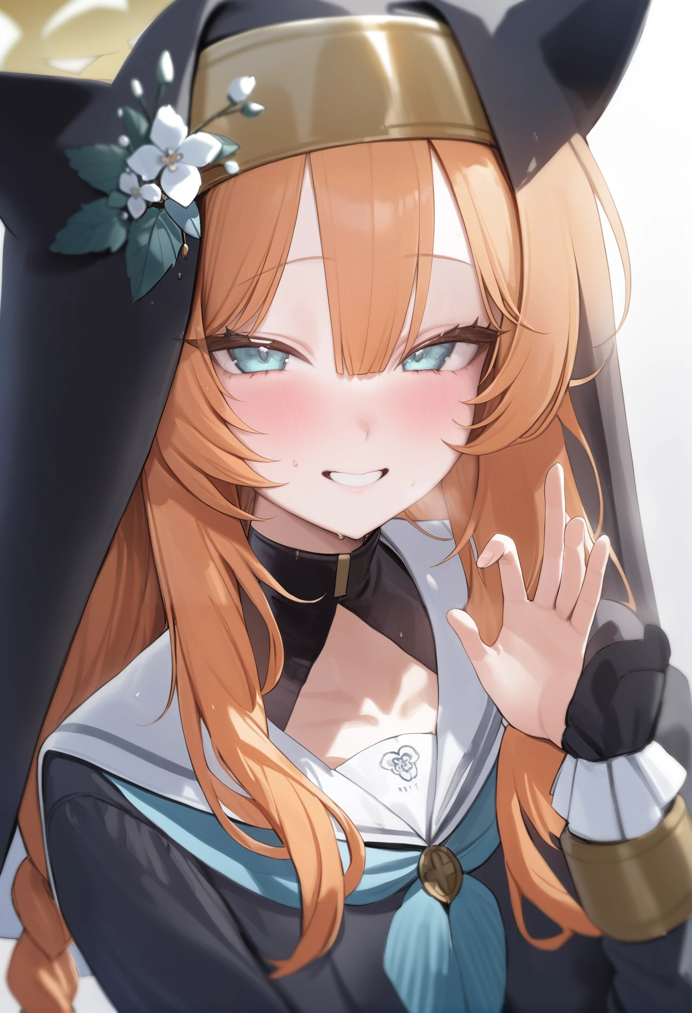 masterpiece, best quality, <lora:frengXL_V1:1> 1girl, mari \(blue archive\), orange hair, solo, nun, long hair, blush, smile, looking at viewer, sailor collar, hair between eyes, blue eyes, blurry, animal ear headwear, white sailor collar, habit, bangs, braid, neckerchief, blue neckerchief, flower, sweat, hat, single braid, hat flower, grin, depth of field, upper body, long sleeves, halo