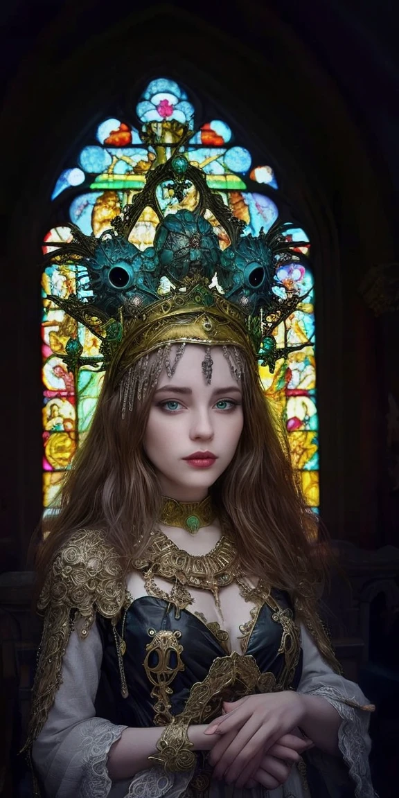 medium shot, <lora:sl4v1ccr0wn:1.1> sl4v1ccr0wn, ornate head piece, [woman| jp-newgrlv2-700|woman],  (smile:0.2) <lora:bl4ckf0r3_3:0.5> bl4ckf0r3, church altar background <lora:ClothingAdjuster3:-0.4> <lora:epiNoiseoffset_v2:0.1>