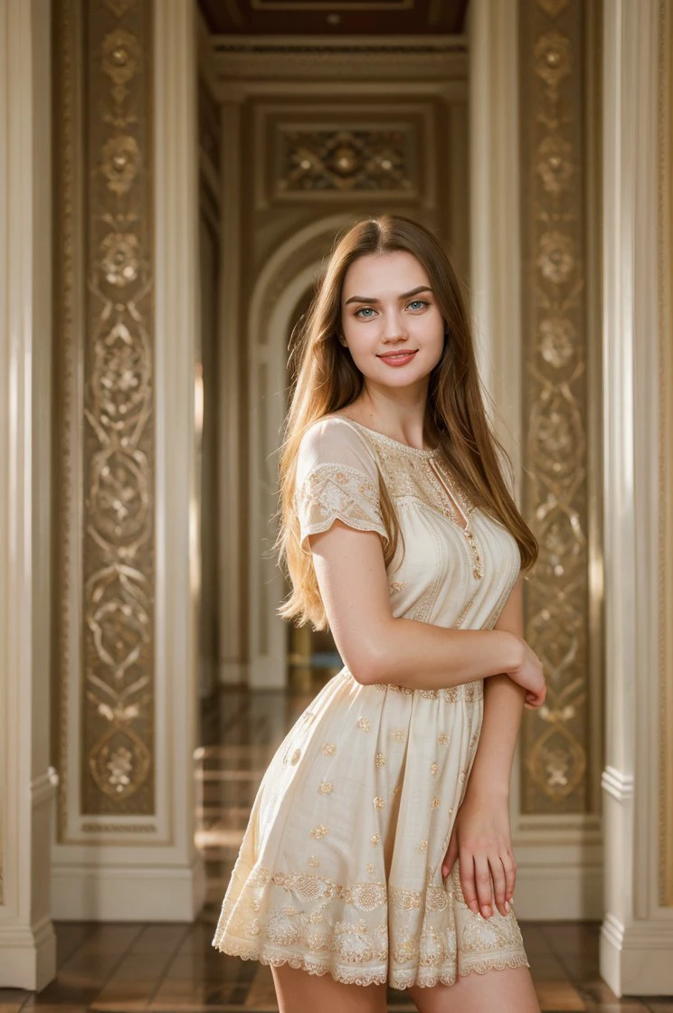 cinematic film still RAW photo of Georgia_Polina, smiling, rose lips, natural blonde straight hair, vyshyvanka dress, (looking at viewer:1.1), <lora:backlight_slider_v10:1.2>, <lora:epiCRealismHelper:1>, <lora:skin_tone_slider_v1:-1>, luxurious hotel background, 8K, 16k, uhd, dslr, best quality, high quality, realistic, photo-realistic, ultra-detailed, <lora:Georgia_Polina:1>; PA7_Portrait-FL <lora:vyshyvanka:0.8> <lora:detail_slider_v4:1> . shallow depth of field, vignette, highly detailed, high budget, bokeh, cinemascope, moody, epic, gorgeous, film grain, grainy