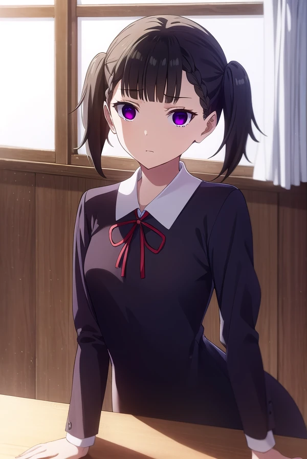 makishijou, <lora:maki shijou s3-lora-nochekaiser:1>,
maki shijou, bangs, blunt bangs, (purple eyes:1.1), twintails, two side up, braid, short twintails,
BREAK long sleeves, dress, ribbon, school uniform, black dress, red ribbon, neck ribbon, collared dress, shuuchiin academy school uniform,
BREAK indoors, classroom,
BREAK looking at viewer, (cowboy shot:1.5),
BREAK <lyco:GoodHands-beta2:1>, (masterpiece:1.2), best quality, high resolution, unity 8k wallpaper, (illustration:0.8), (beautiful detailed eyes:1.6), extremely detailed face, perfect lighting, extremely detailed CG, (perfect hands, perfect anatomy),