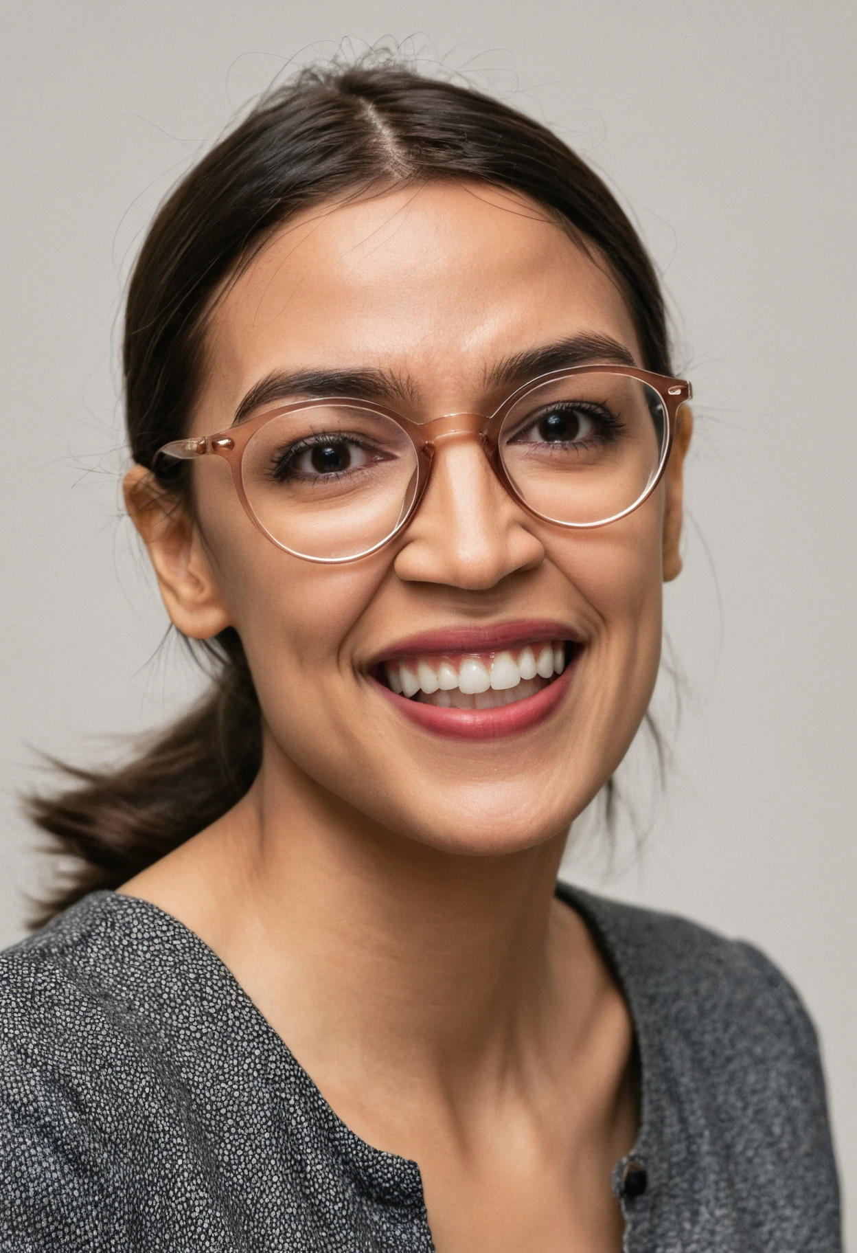 an exquisite close-up portrait photograph, 85mm medium format photo of alexandria_ocasio_cortez wearing glasses, smiling, <lora:alexandria_ocasio_cortez_aoc_sdxl_60:0.8>