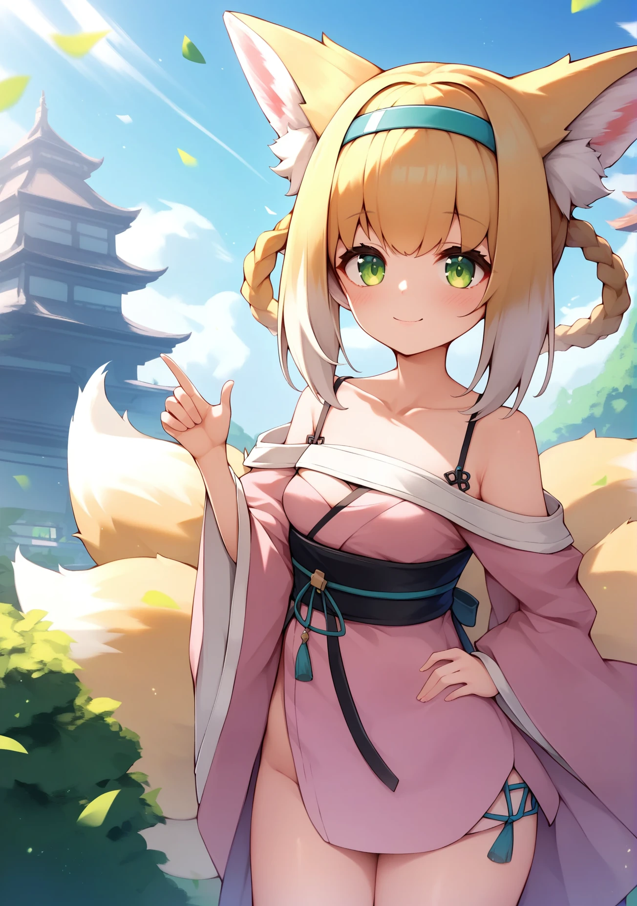 score_9, score_8_up, score_7_up, score_6_up, best quality, masterpiece, uncensored, source_anime,
a cute fox girl posing in front of epic scenery, she is happy and calm, revealing and teasing yet sfw,
1girl,suzuran \(arknights\), collarbone, green eyes, animal ear fluff, blonde hair, hairband, braided hair rings, fox ears, fox tail, kitsune, multiple tails, hair rings, small breasts, pink kimono, hand on own hip, clothes cutout,hips, off shoulder