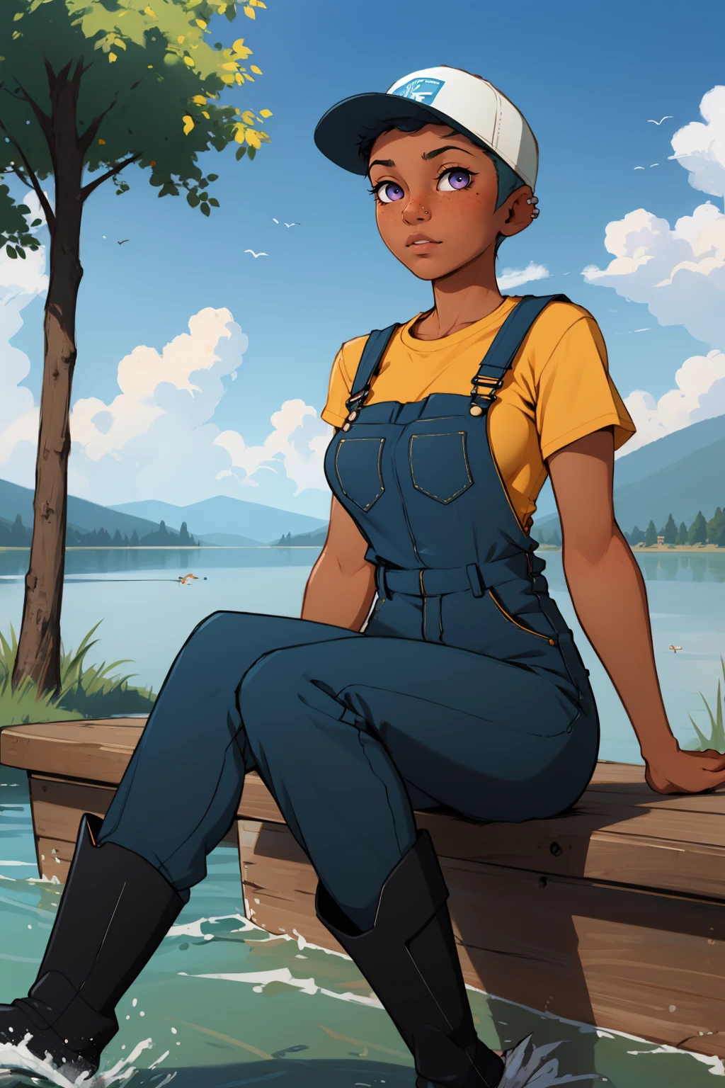 masterpiece, best quality, 1girl, solo, looking at viewer, breasts,  <lora:rileyfairfeather-guy-v2:.95>, rileyfairfeather, piercing, undercut, dark skin, freckles, overalls, boots, baseball cap, lake, fishing rod, outdoors, fishing, sitting, boat, rubber boots, pants,