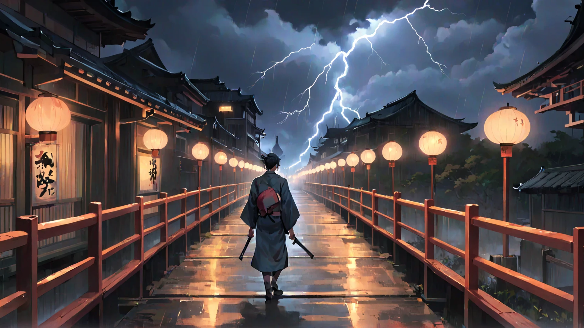1male walking inside city, old japan dojos, bridge with railings, railings wrapped in lightning, lightning striking in the background, gloomy clouldy nighttime, moonlit, vibrant, neon