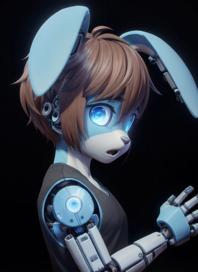 ((masterpiece, best quality:1.4)), bokeh, fluffy, 3d,
male, solo, male focus, solo focus, portrait, from side, looking at viewer, shocked, horrified, 
 <lora:Bunny_Arnas_Atakiyo-10:0.85> arnasbunny, blue body, blue eyes, brown hair, short hair, floppy ears, 
black tank top, 
(((mechanical arm))), glowing eyes, 
black background, simple background,