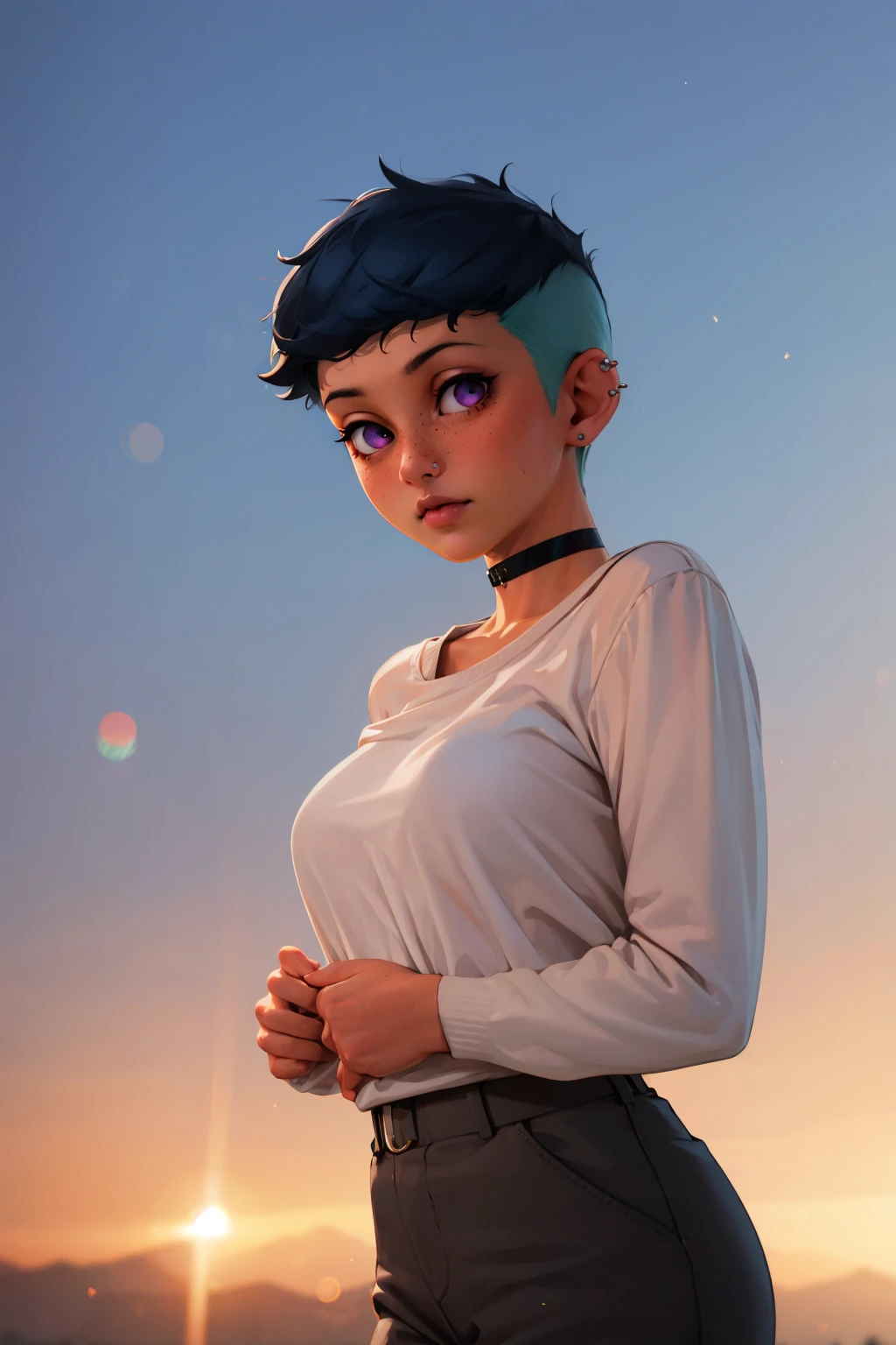 masterpiece, best quality, outdoors, lens flare, depth of field, light particles, 1girl, solo, looking at viewer, breasts,  <lora:rileyfairfeather-guy-v2:.98>, rileyfairfeather, piercing, undercut, freckles, choker, shirt, long sleeves, sweater, cargo pants,