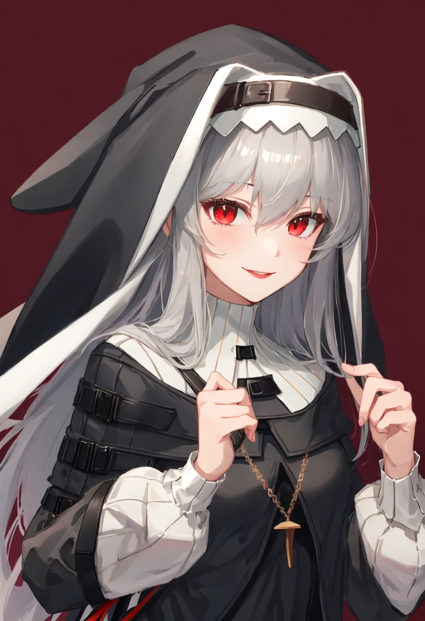 best quality, masterpiece, highres, solo, {specter_arknights:0.90}, 1girl, black_dress, habit, nun, upper_body, looking_at_viewer, necklace, smile, long_sleeves, hand_up, black_capelet, parted_lips, simple_background