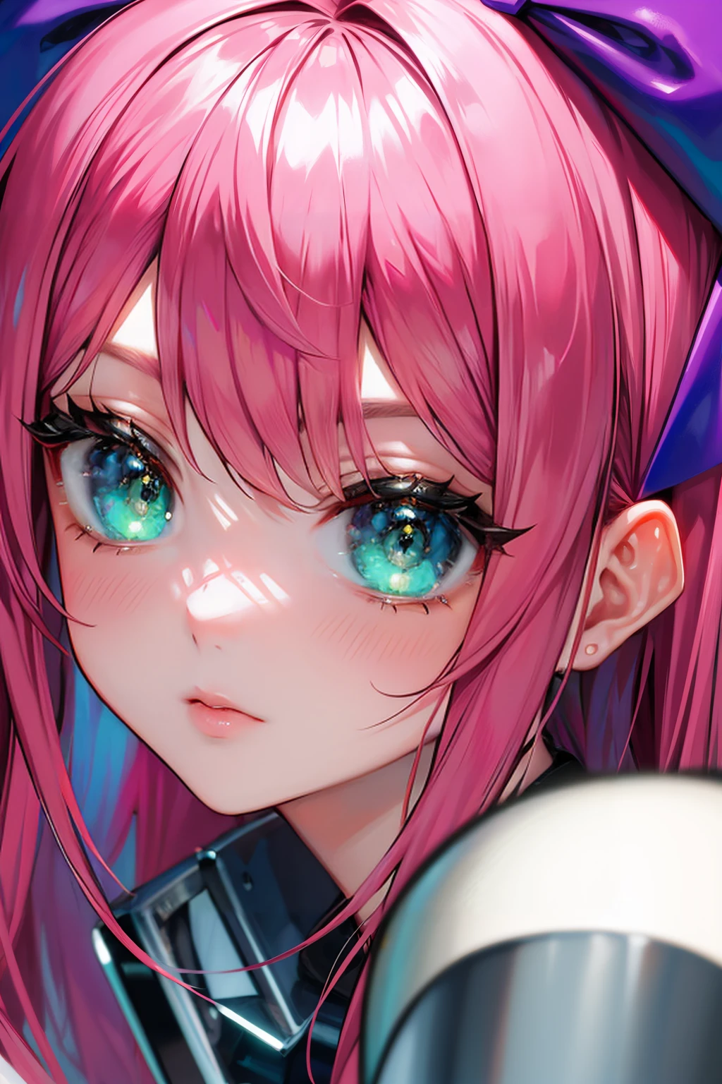 masterpiece, best quality, 1girl, solo, looking at viewer,  <lora:princessrobotbubblegum-guy-v2:1>, princessrobotbubblegum, bow, abstract background, close-up, eye focus, crystal eye, eye reflection, split crop, green eyes,