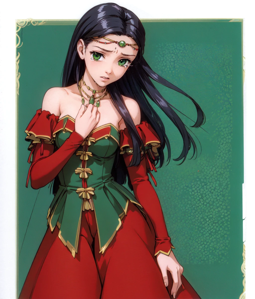 masterpiece, high res, detailed face, detailed eyes, 1 girl, solo, red green dress, black hair, green eyes, circlet, standing, hand on chest, crying, tears, closeup, looking at the viewer <lora:Jillia:0.8>