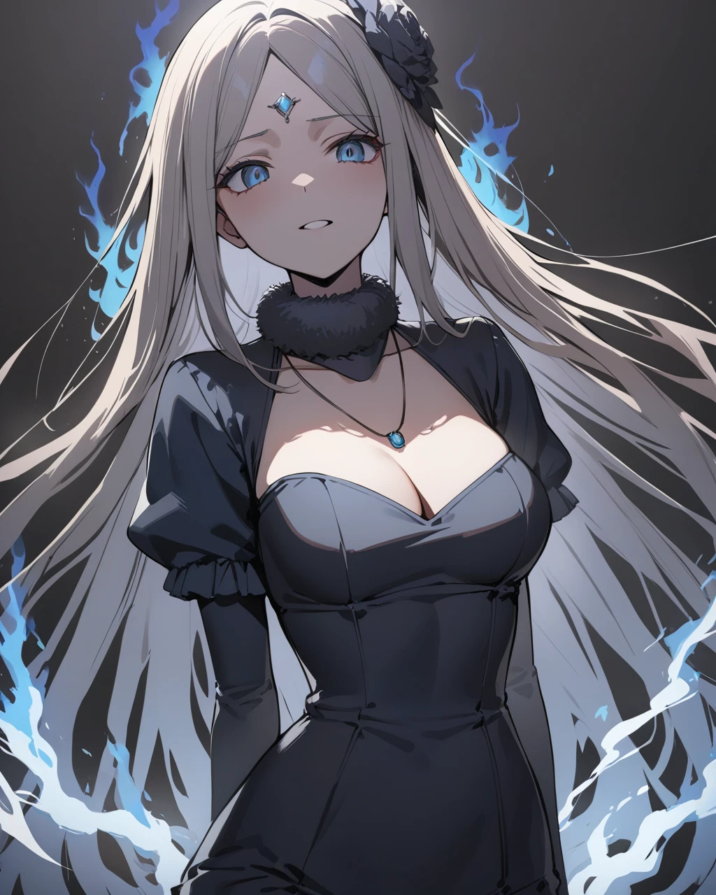masterpiece,best quality,<lora:huang_4dim:1>,1girl,aura,necklace,grey background,