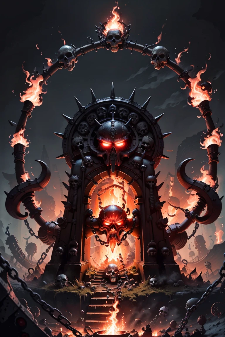 ((masterpiece,best quality)),
<lora:Khorne_World:0.7>,
Khorne_World, chain, spikes, glowing swirling energy, skulls,
red glow, red theme, fire,
portal, gateway, stargate,