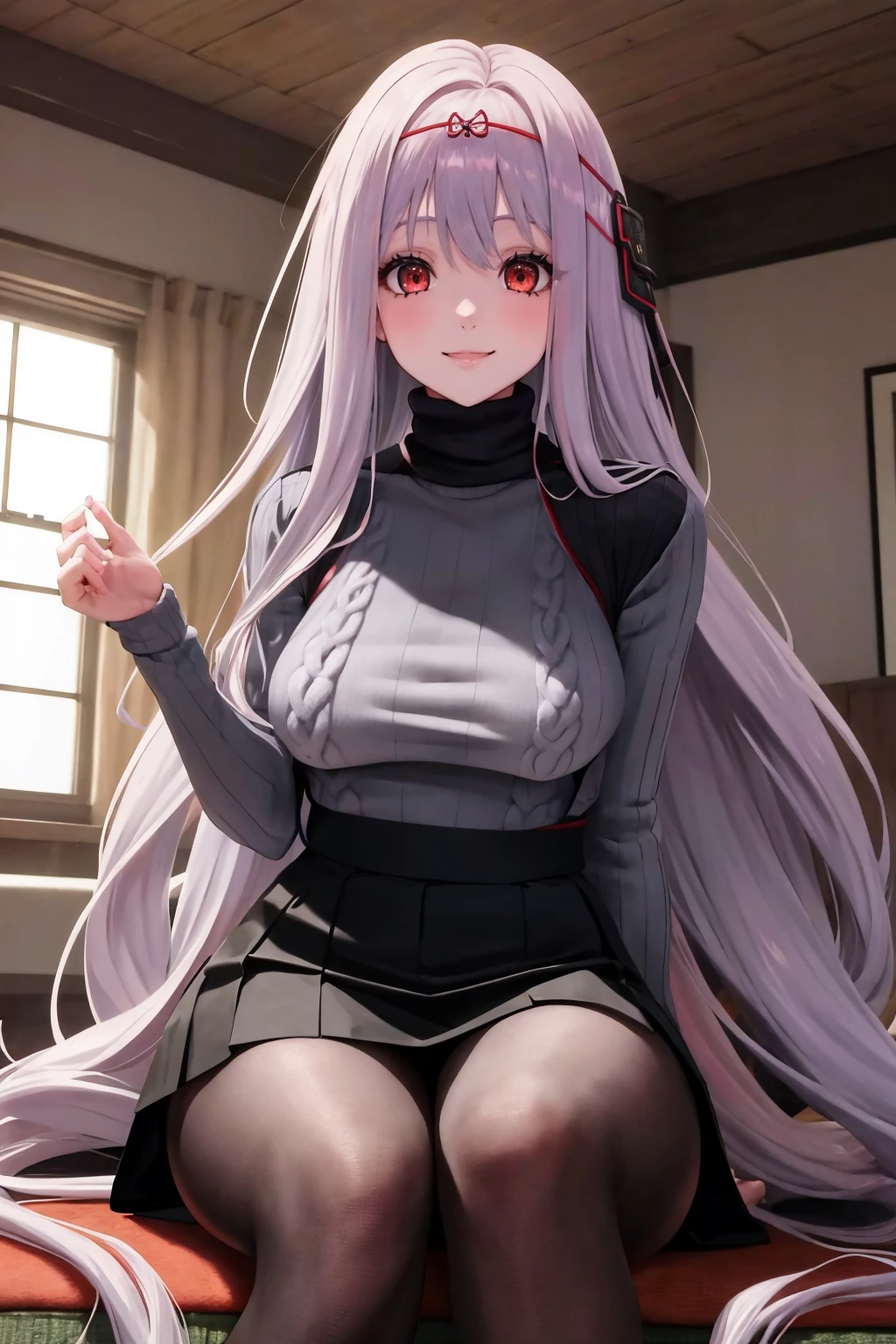 masterpiece, best quality, 1girl, solo, <lora:rose-nikke-richy-v1:1> nikkerose, circlet, hair ornament, red eyes, turtleneck sweater, ribbed sweater, smile, indoors, very long hair, sitting, cable knit, skirt