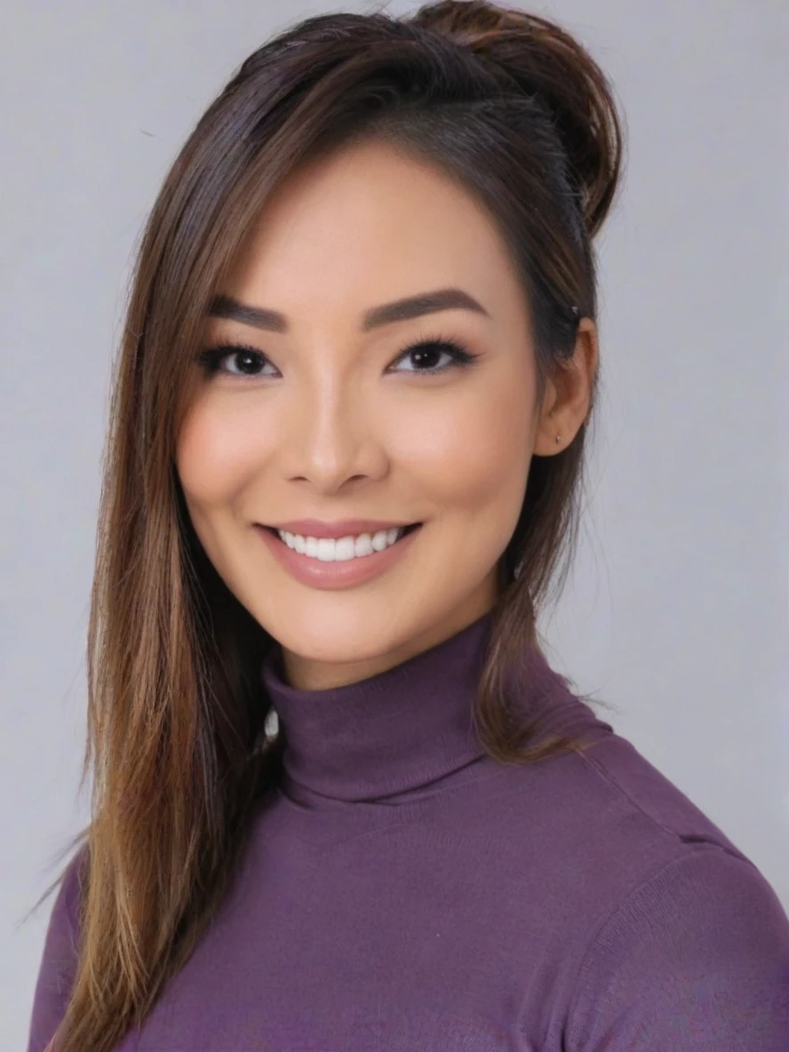 Portrait photo of c4r0ln4k4mur4 woman, purple turtleneck blouse, white background, ponytail, smiling