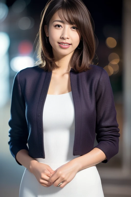 1girl,(RAW photo, best quality), (realistic, photo-realistic:1.4), masterpiece, an extremely delicate and beautiful, extremely detailed, 2k wallpaper, Amazing, finely detail, extremely detailed CG unity 8k wallpaper, ultra-detailed, highres, soft light, beautiful detailed girl, extremely detailed eyes and face, beautiful detailed nose, beautiful detailed eyes,cinematic lighting,perfect anatomy,slender body,smiling ,(bokeh:1.3)
in front of izakaya,narrow street like nakano,lights reflected on wet floor,after rain,night time,shop sign lights,winter night
(wearing cashmere jacket)
 <lora:katoayako_lora:0.8>