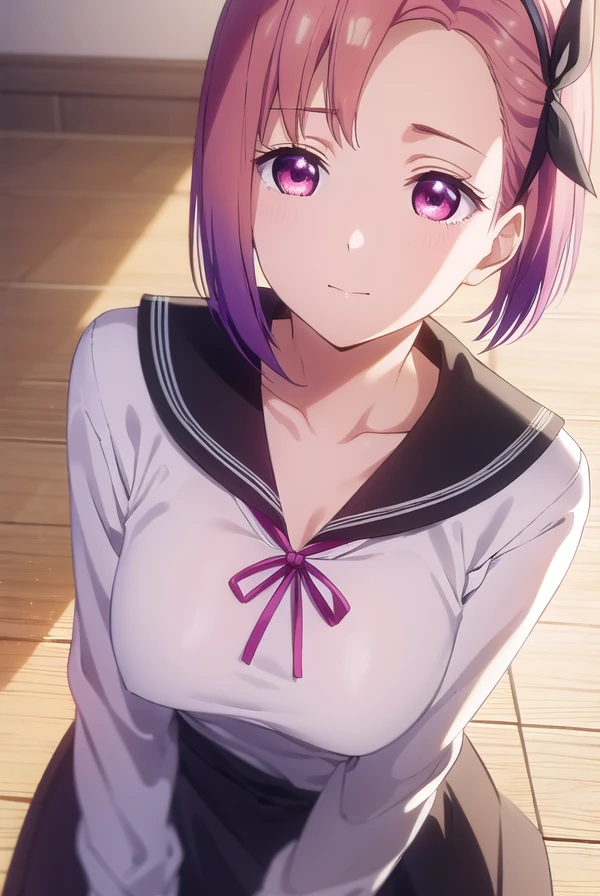 tsubamekoyasu, <lora:tsubame koyasu s3-lora-nochekaiser:1>,
tsubame koyasu, short hair, hair ribbon, pink hair, purple hair, multicolored hair, (pink eyes:1.3), gradient hair, (forehead:1.2), smile,
BREAK long sleeves, dress, ribbon, school uniform, collarbone, (black dress:1.2), sailor collar, white sailor collar, red ribbon, neck ribbon, shuuchiin academy school uniform,
BREAK indoors, classroom,
BREAK looking at viewer, (cowboy shot:1.5),
BREAK <lyco:GoodHands-beta2:1>, (masterpiece:1.2), best quality, high resolution, unity 8k wallpaper, (illustration:0.8), (beautiful detailed eyes:1.6), extremely detailed face, perfect lighting, extremely detailed CG, (perfect hands, perfect anatomy),