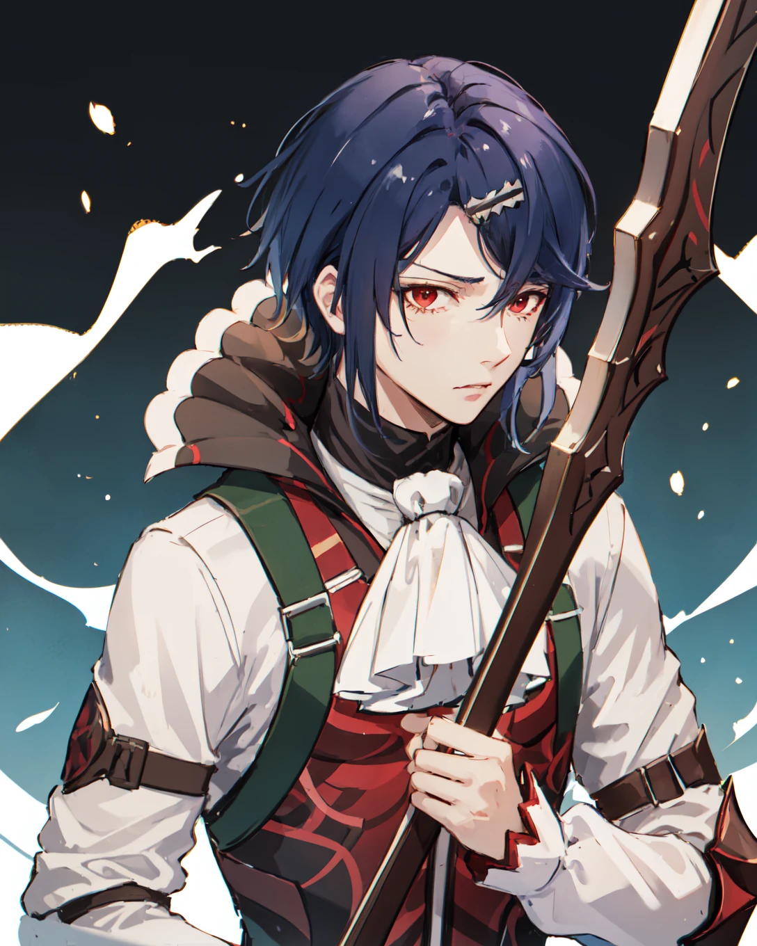highest quality, 1boy, upper body, solo, serious, looking at viewer, holding bow \(weapon\), recurve bow, bowstring, <lora:AlcrystFE-bsinky-v1:0.9> defAlcryst, (armor:1.1), white shirt, long sleeves, hairclip, vest, ascot, high collar