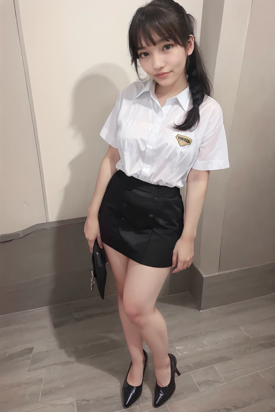 ((masterpiece)), ((best quality)), ((detailed)), ((realistic)), ((nikon RAW photo, 8K, Fujifilm XT3, HDR10+, high-res, depth of field, huge filesize)), low-angle shot, (1girl, solo, standing straight, arms at side), ((((full body:1.5), small breast:1.4, slender body:1.3, body height 150 cm, body weight 40 Kg, realistic body, realistic face, realistic arms, realistic feet, 18 years old, black hair, medium hair, ponytail, bangs))), (photorealistic:1.4), photorealism, photography, hyperrealistic, hyperdetailed, lots of details, extremely amazing finely detail, shoot by professional, professional photography, studio lighting, professional tuned lighting, indoor, photo studio, inside photo studio, perfection, best of the best, professional model, photo model, tuned by professional, ((simple elegant luxury black diamond wall background)), looking at viewer, lustful woman, arroused, seduced, flirty, orgasm face, horny, seductive expression, dynamic sexy hot seductive horny pose, cute, virgin, extremely delicate beautiful, most beautiful woman, a dashing collected professional beauty, white collared shirt, short sleeves shirt, black mini skirt, black loafers, black stockings, legwear, black pantyhose, black socks, tucked shirt, legwear under shorts, white shirt office uniform, formal situation, <lora:Javanese_Girl_V3:0.8>