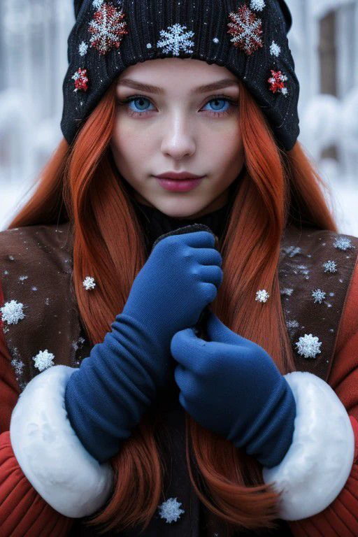 (RANDOM FASHION POSE):1.2,1girl, young and gorgeous,(red long hair):1.25, perfect body, looking at viewer,  soft face, winter season,( GLOVES):1.2 ,(winter clothes in colors  red, blue, and copper):1,2,CANDID  PORTRAIT PHOTOS,