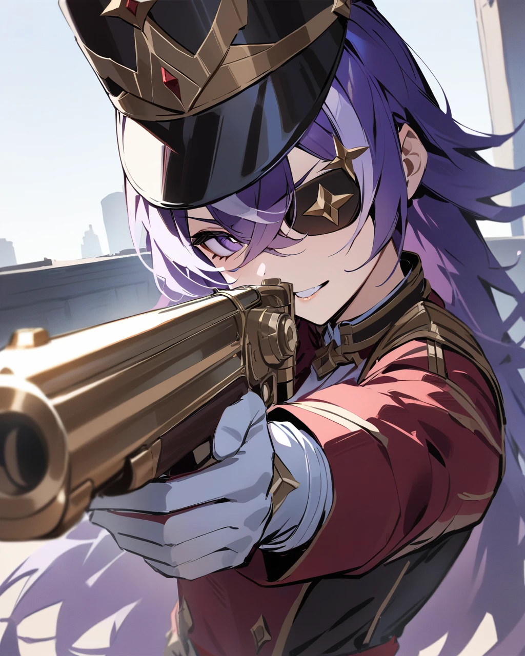 masterpiece,best quality,<lora:hevreuse_4dim:1>,1girl,weapon,solo,gun,eyepatch,hat,long hair,gloves,purple eyes,white gloves,purple hair,holding weapon,holding,holding gun,virtual youtuber,hair between eyes,teeth,uniform,shako cap,military,looking at viewer,aiming,military hat,military uniform,bangs,