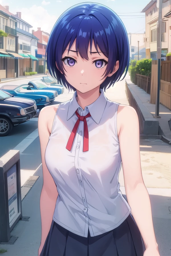 ainayoshizawa, <lora:aina yoshizawa s1-lora-nochekaiser:1>,
aina yoshizawa, short hair, blue hair, (purple eyes:1.1),
BREAK skirt, sleeveless, socks, shirt, white shirt, collared shirt, ribbon, neck ribbon,
BREAK outdoors, beach,
BREAK looking at viewer, (cowboy shot:1.5),
BREAK <lyco:GoodHands-beta2:1>, (masterpiece:1.2), best quality, high resolution, unity 8k wallpaper, (illustration:0.8), (beautiful detailed eyes:1.6), extremely detailed face, perfect lighting, extremely detailed CG, (perfect hands, perfect anatomy),